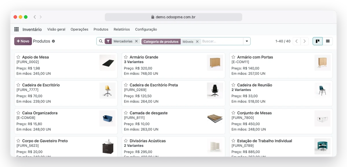 Catálogo de produtos do Odoo360 com preço e quantidade em estoque