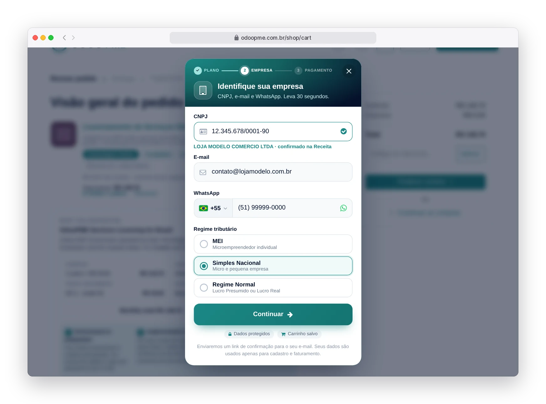 Janela de cadastro rápido do Odoo360 pedindo CNPJ, e-mail e regime tributário com as opções MEI, Simples Nacional e Regime Normal