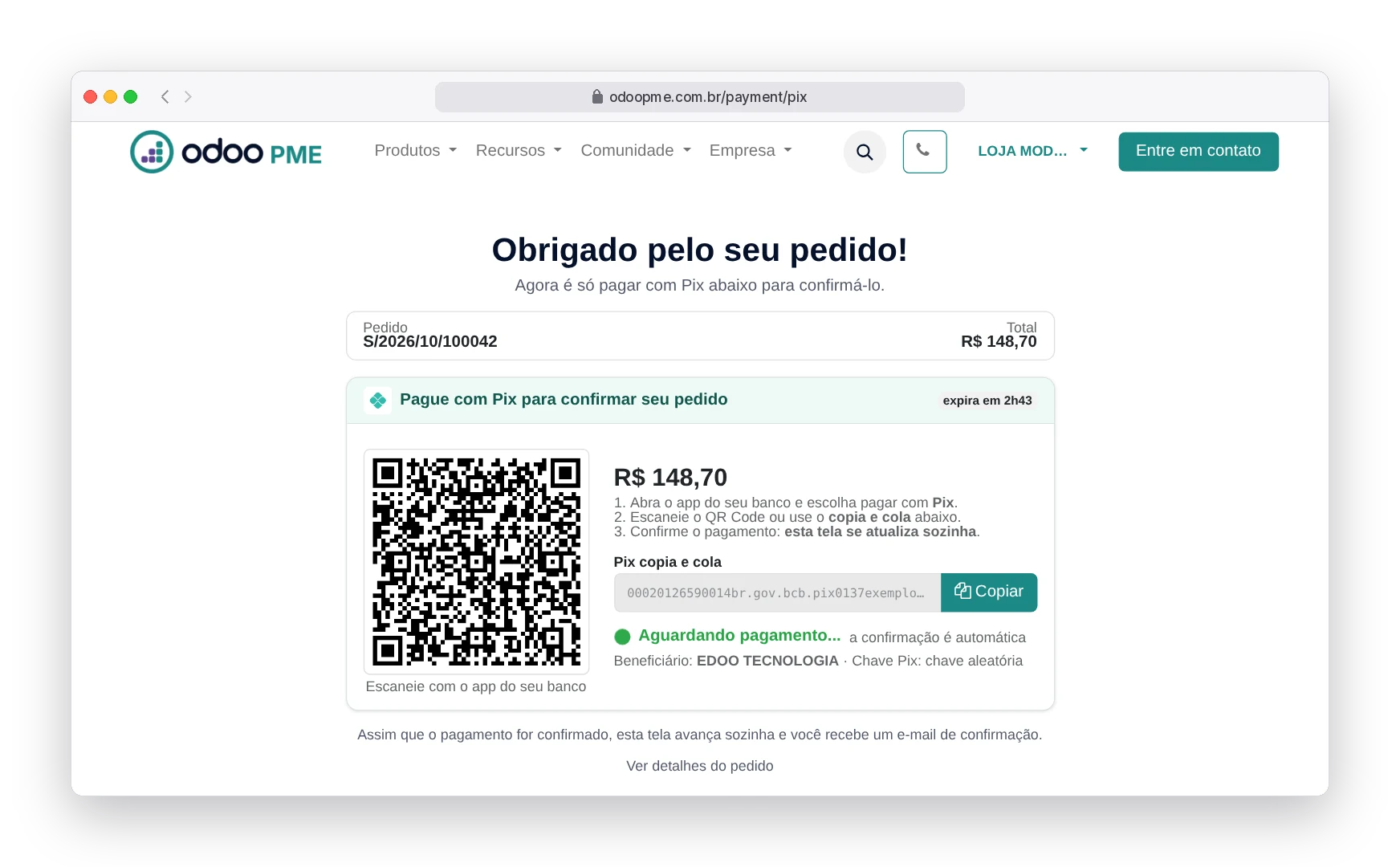 Tela do Pix gerado no Odoo360 com QR Code, valor, código copia e cola e status aguardando pagamento