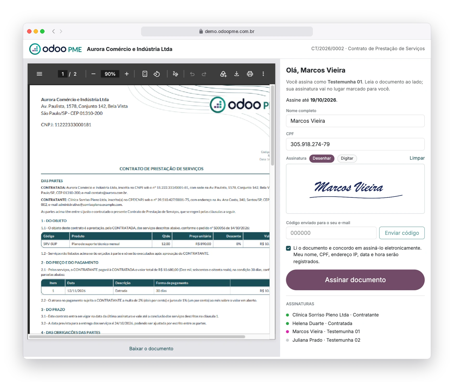 Página de assinatura eletrônica do contrato no Odoo360, com o documento ao lado, assinatura desenhada e código enviado por e-mail