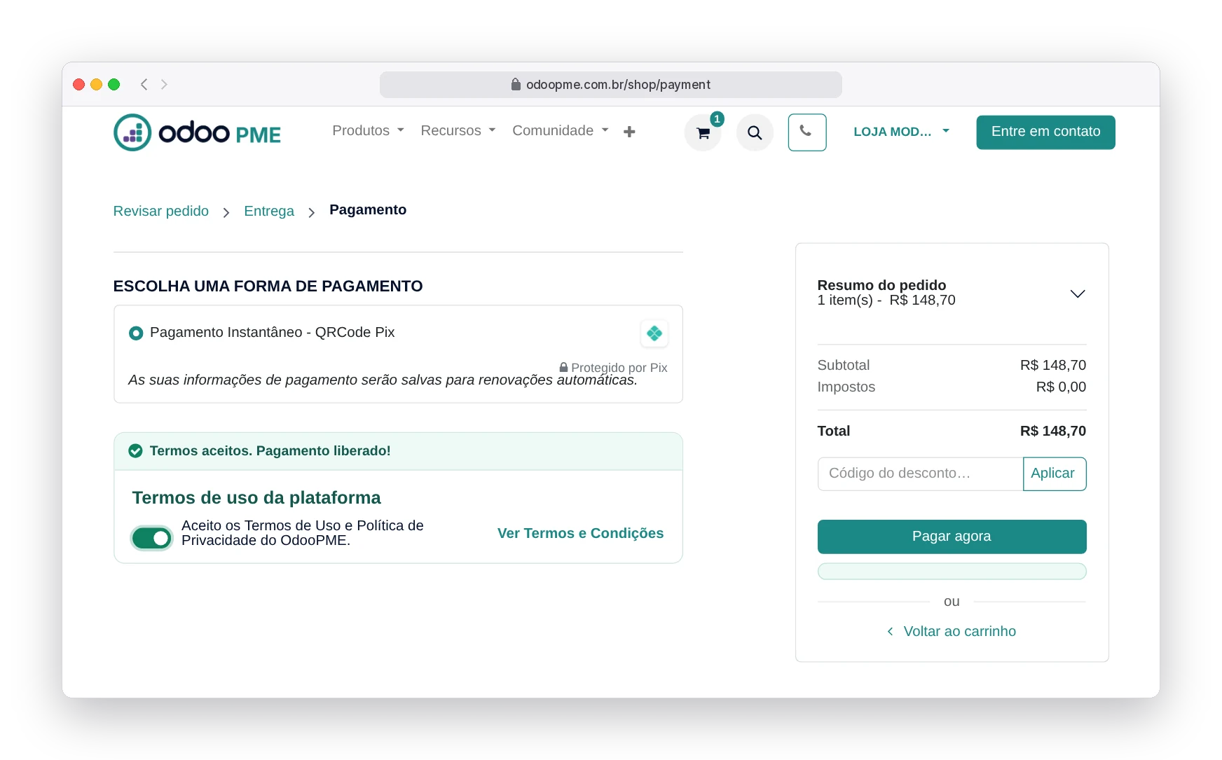Tela de pagamento do Odoo360 com Pix selecionado, termos de uso aceitos e botão Pagar agora liberado