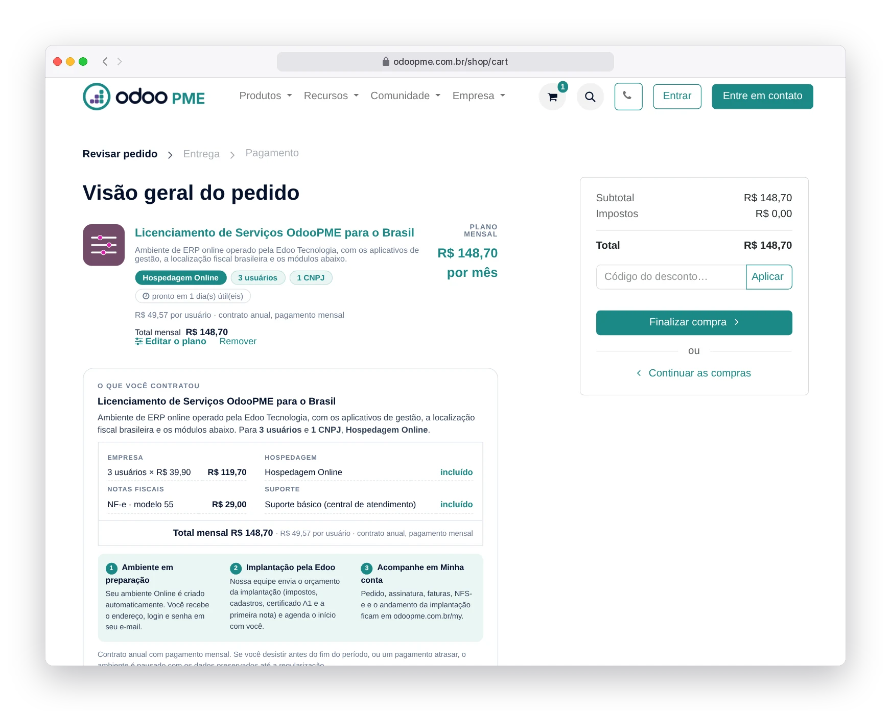 Carrinho com uma única linha do plano Odoo360 de R$ 148,70 por mês e o card da contratação